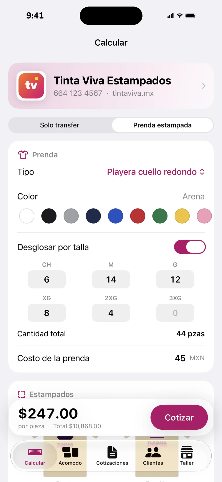 Cotiza DTF: pantalla de prenda estampada con tallas y precio por pieza