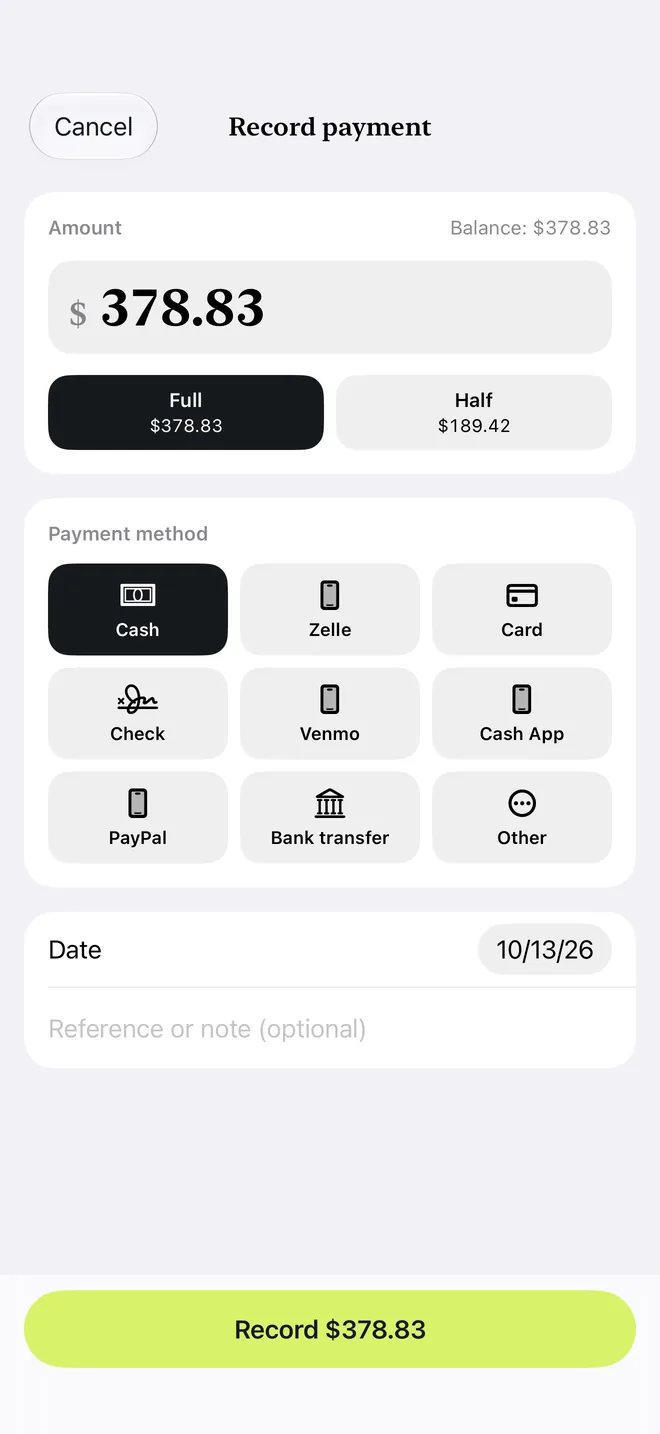 The payment screen with the payment recorded and the receipt