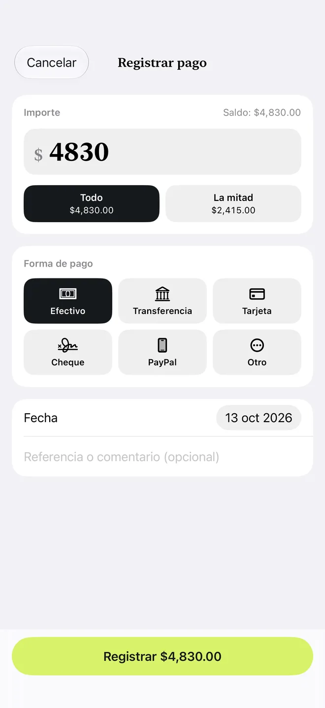 La pantalla de cobro con el pago registrado y el recibo