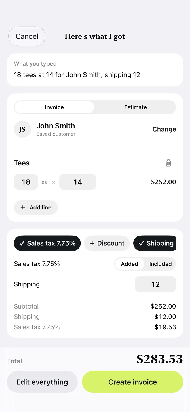 The “Here's what I got” screen with the customer, the lines and the total