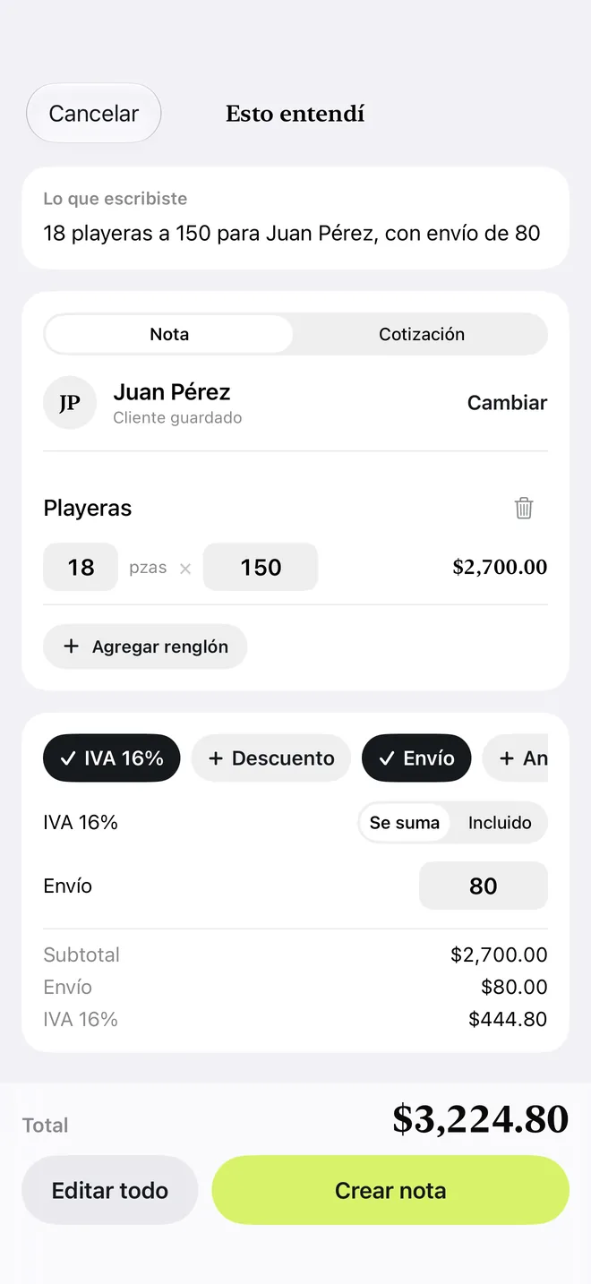 La pantalla «Esto entendí» con el cliente, los renglones y el total