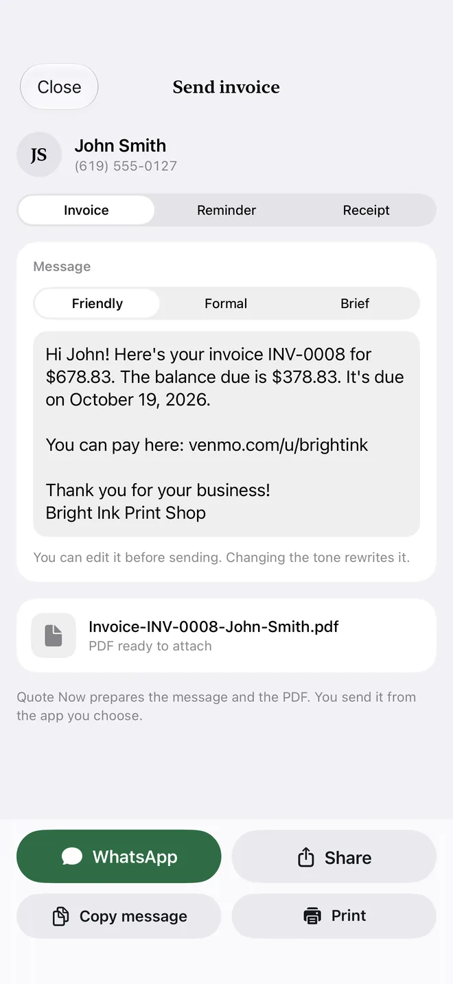 The invoice PDF with the message ready to send on WhatsApp