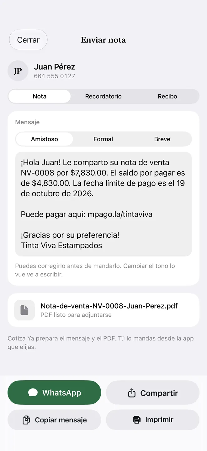 La nota en PDF con el mensaje listo para mandarse por WhatsApp