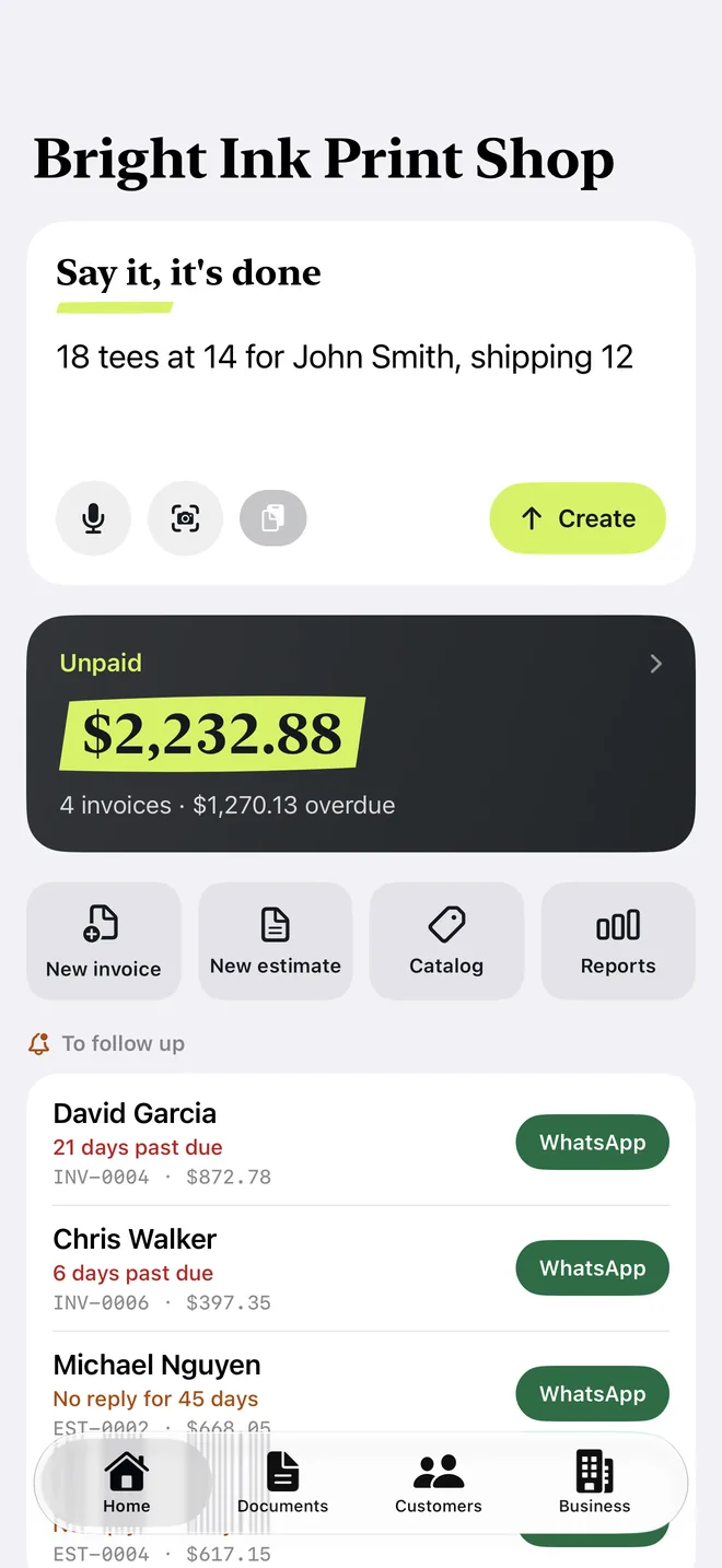 Quote Now's home screen: type what you sold and see who owes you