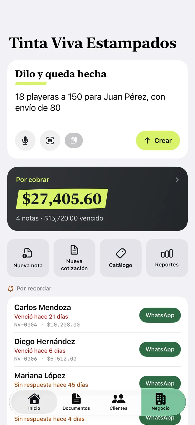 La pantalla de inicio de Cotiza Ya: escribes lo que vendiste y ves qué te deben