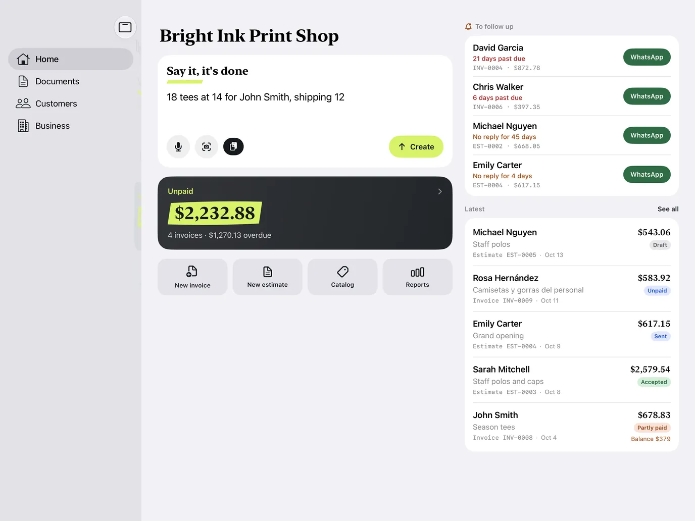 Quote Now on an iPad, with the document list and an invoice open