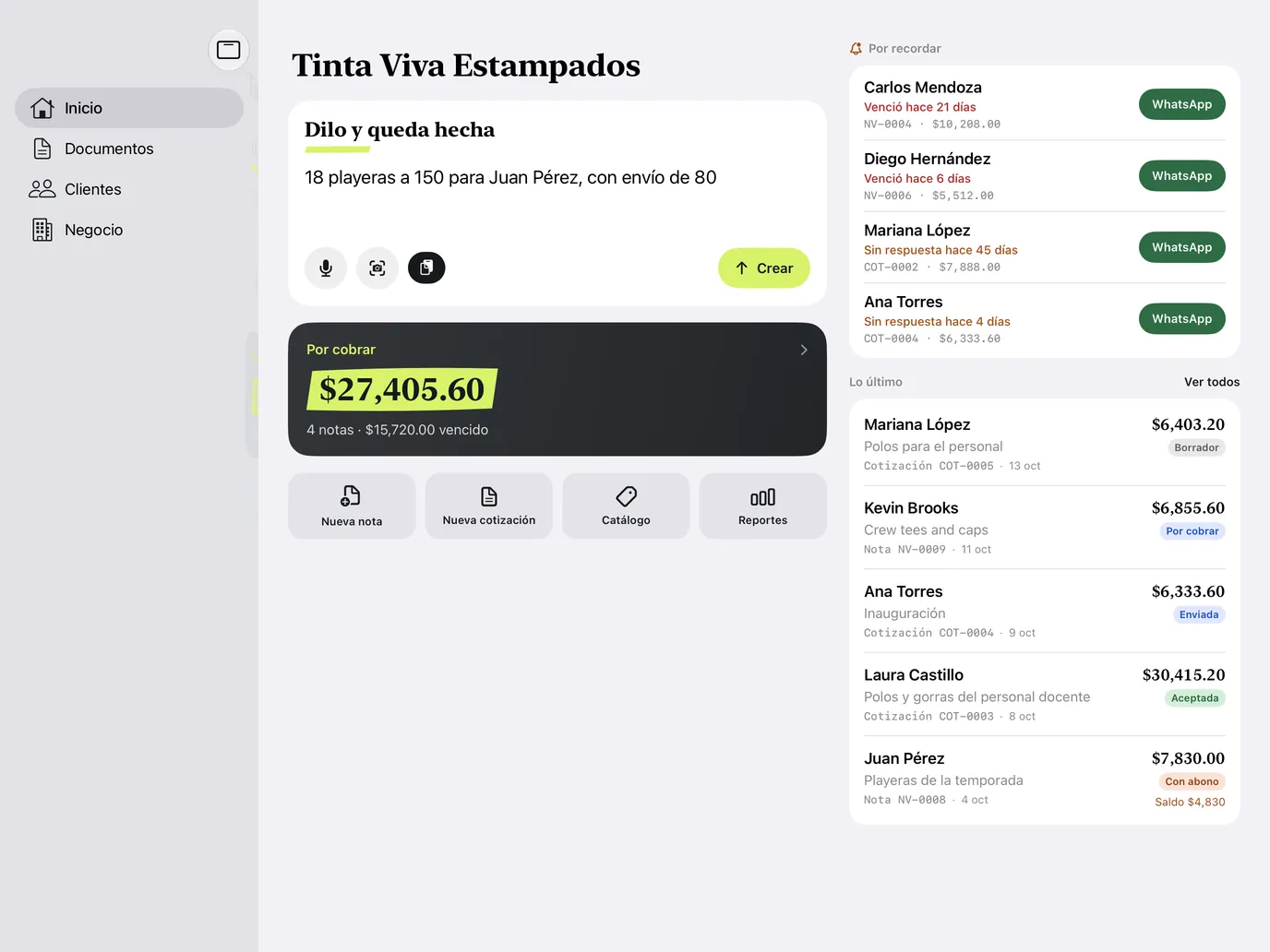 Cotiza Ya en un iPad, con la lista de documentos y una nota abierta