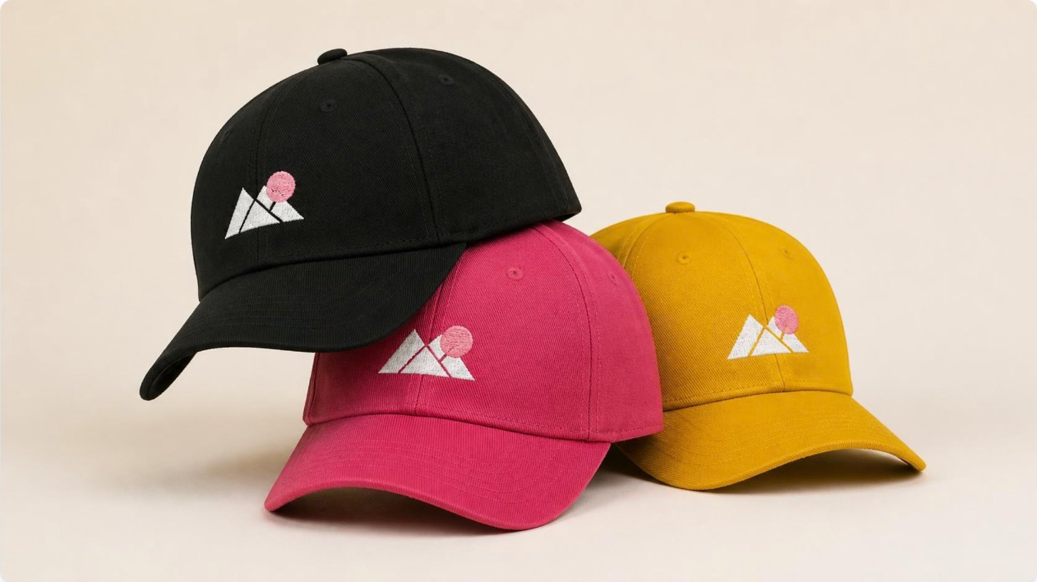 Gorras bordadas con logo en negro, rosa y amarillo
