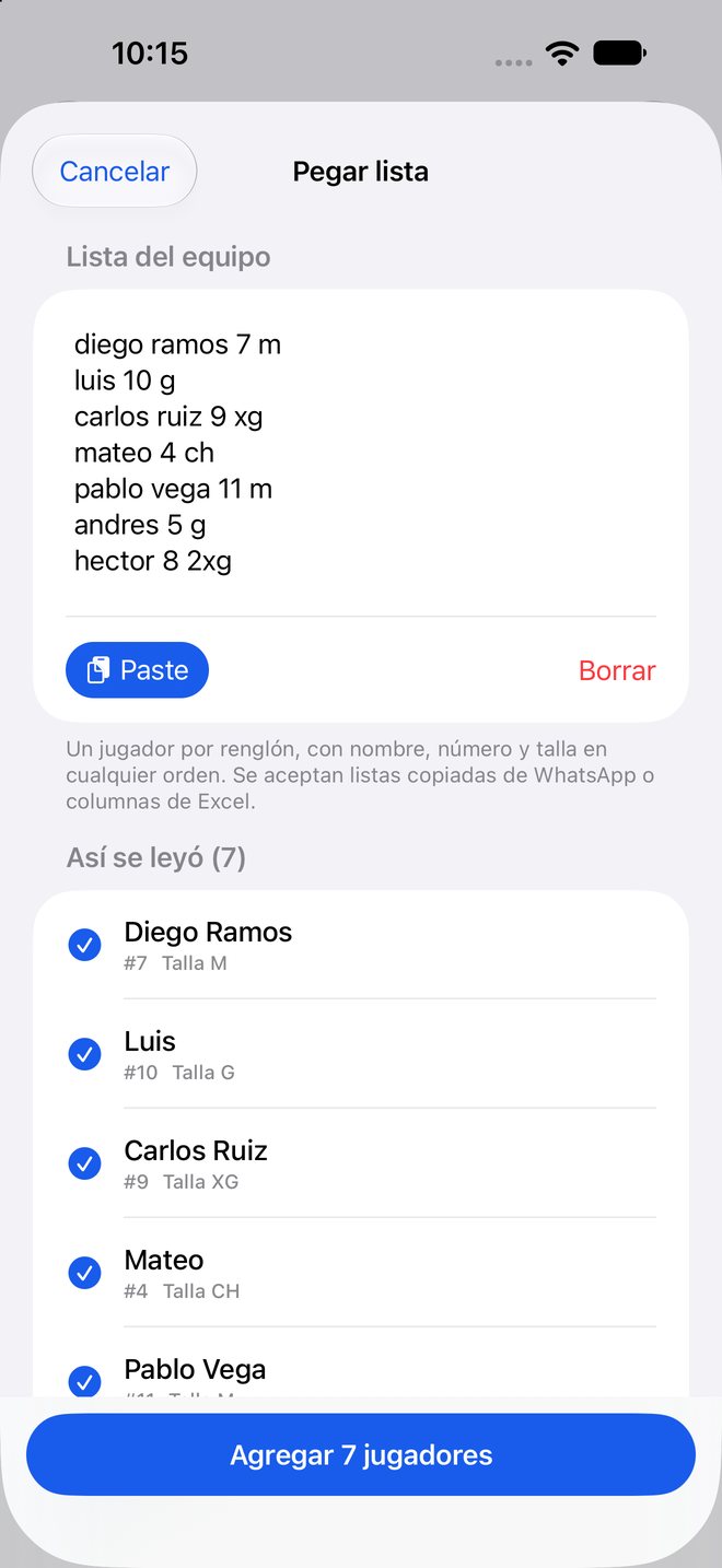 Pantalla Pegar lista con siete jugadores leídos