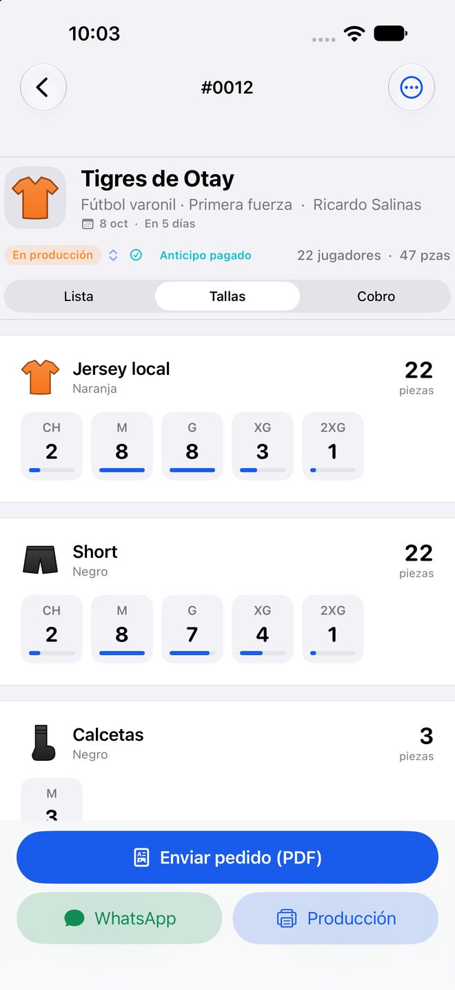 Conteo de piezas por talla del jersey, el short y las calcetas