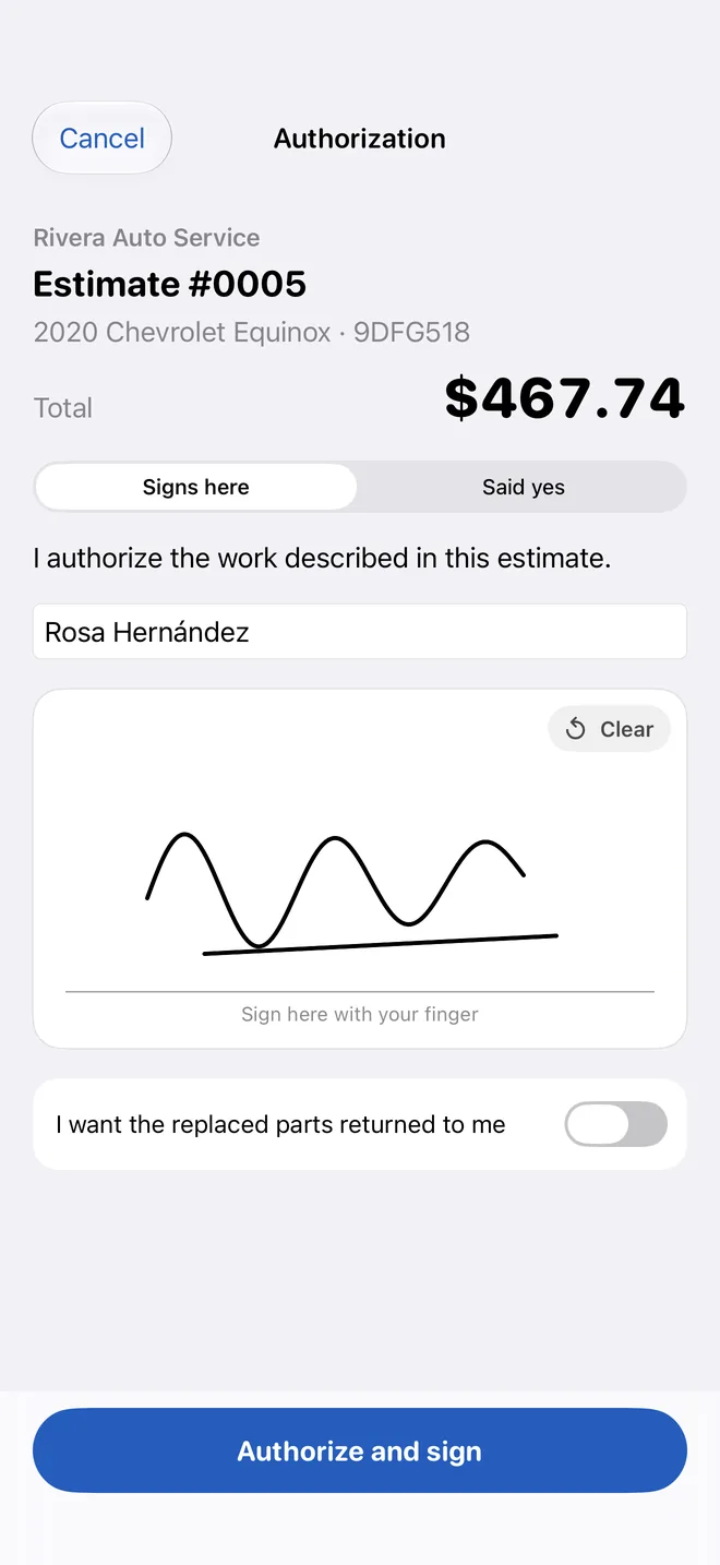 The authorization sheet with the customer's signature