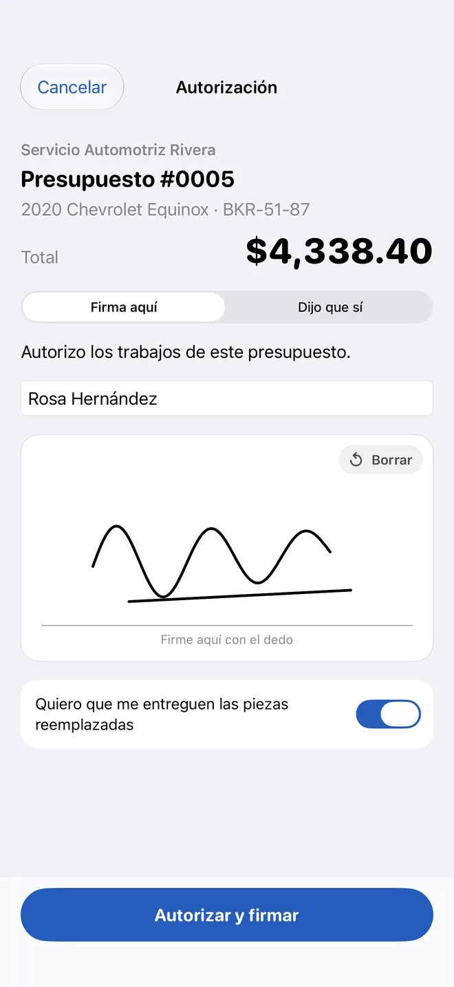 La hoja de autorización con la firma del cliente