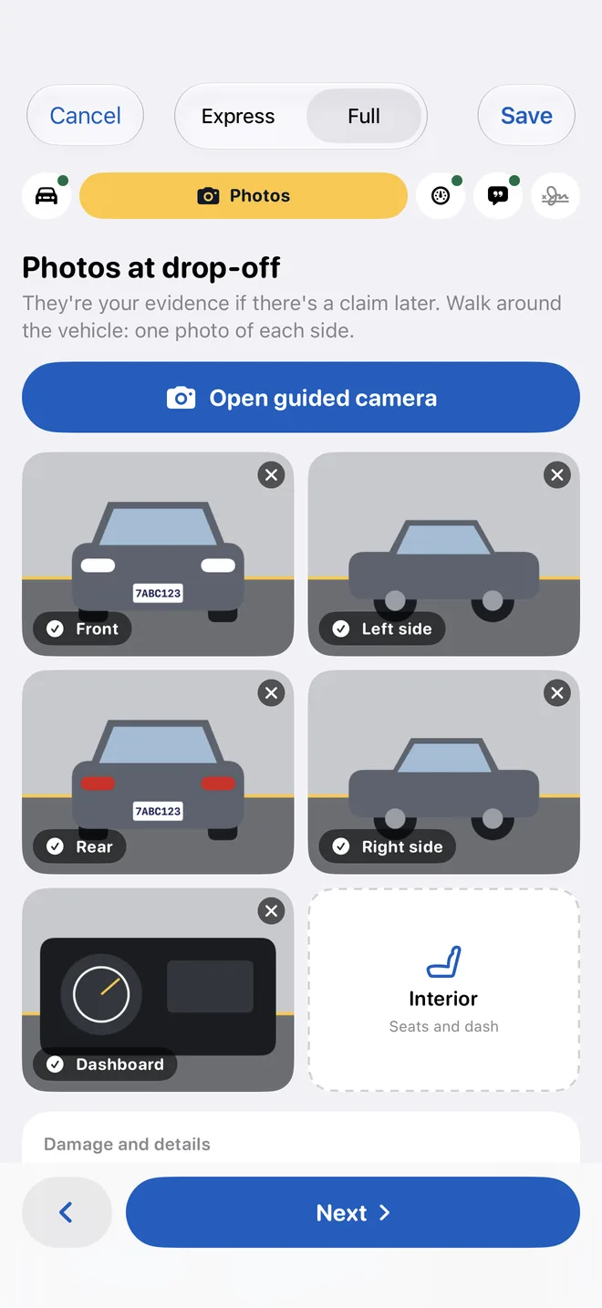 Check-in with photos of every side of the vehicle