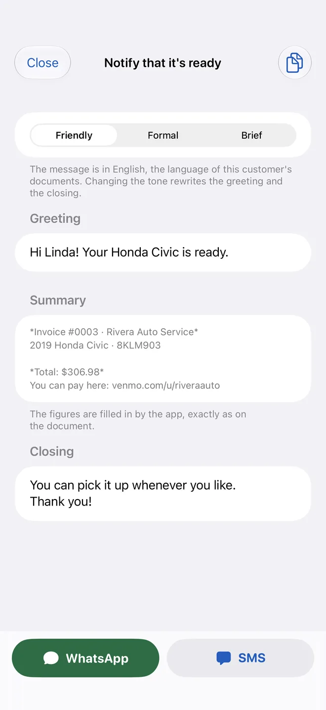 The message telling the customer the vehicle is ready