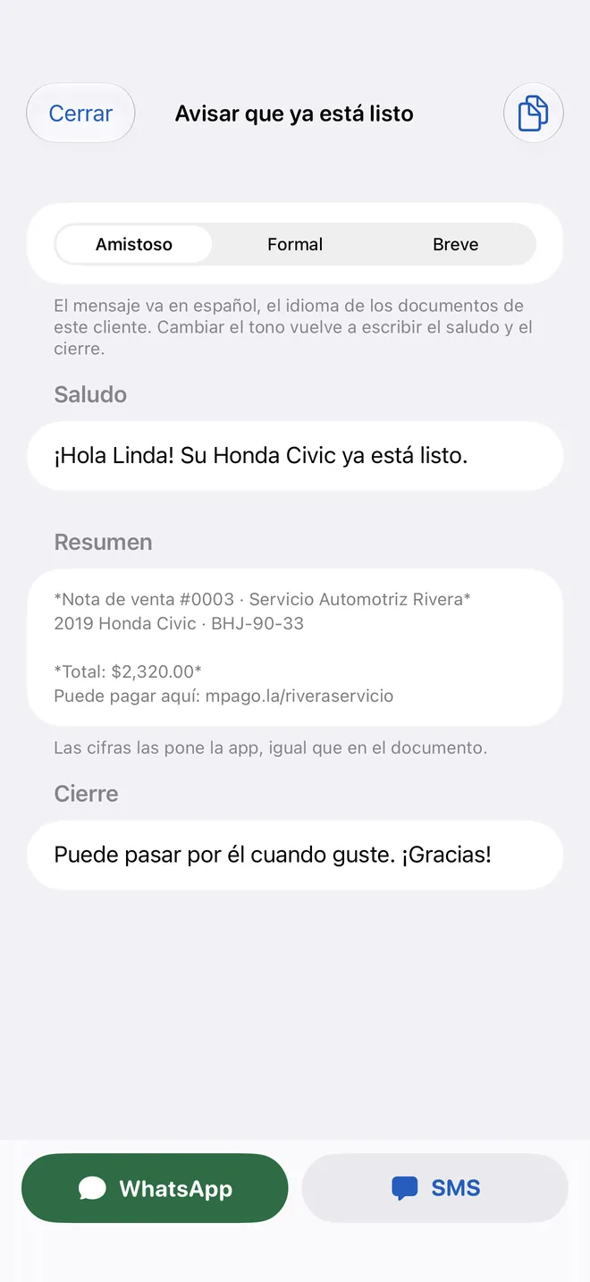 El mensaje de aviso de que el vehículo ya está listo
