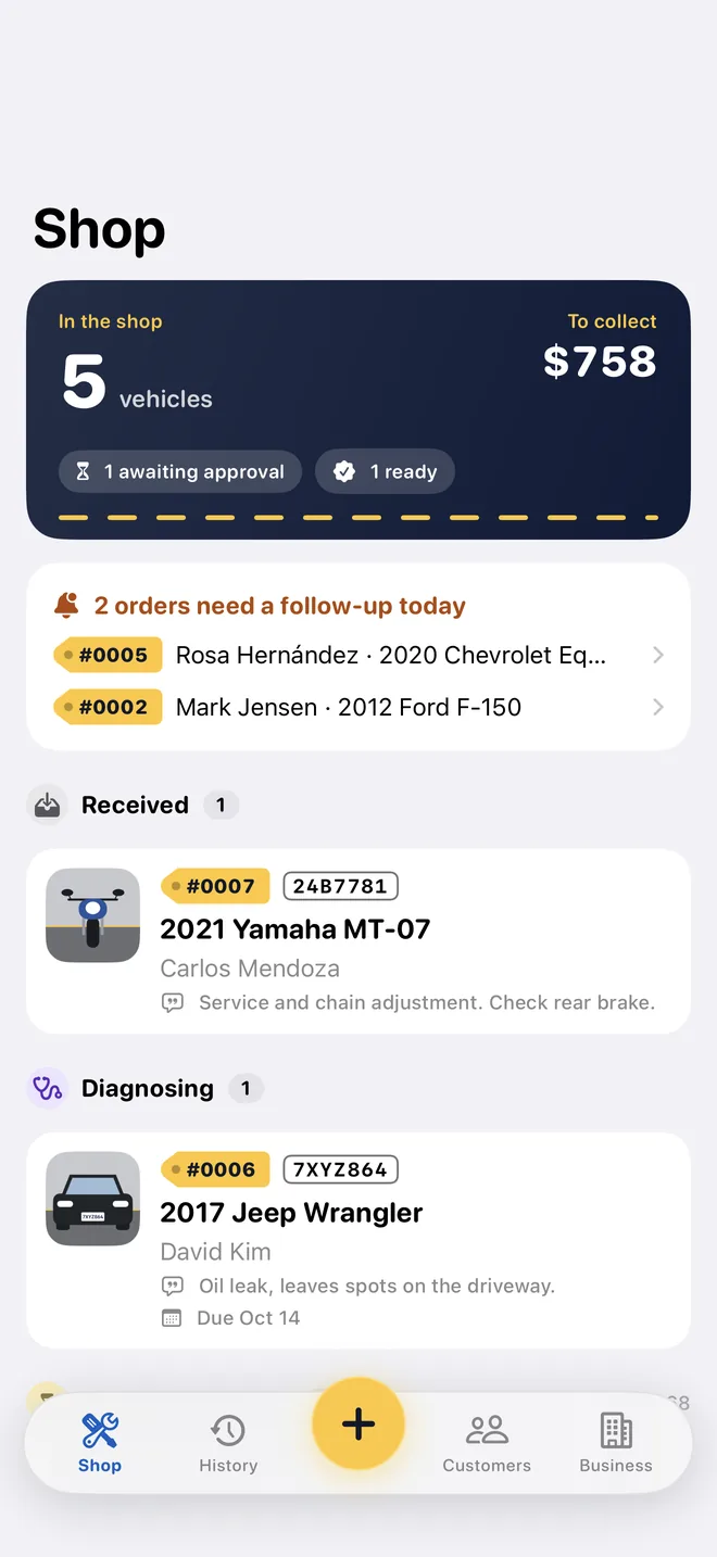 Reparo's board: five vehicles in the shop and how much is left to collect